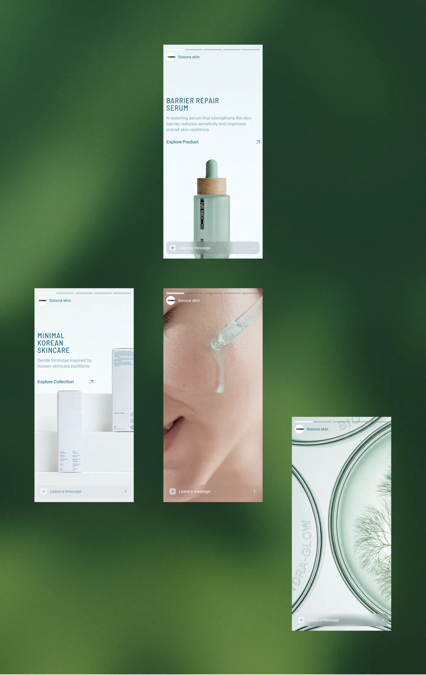 Soora Skin mobile screens — product page, homepage, and ritual close-up on a green backdrop